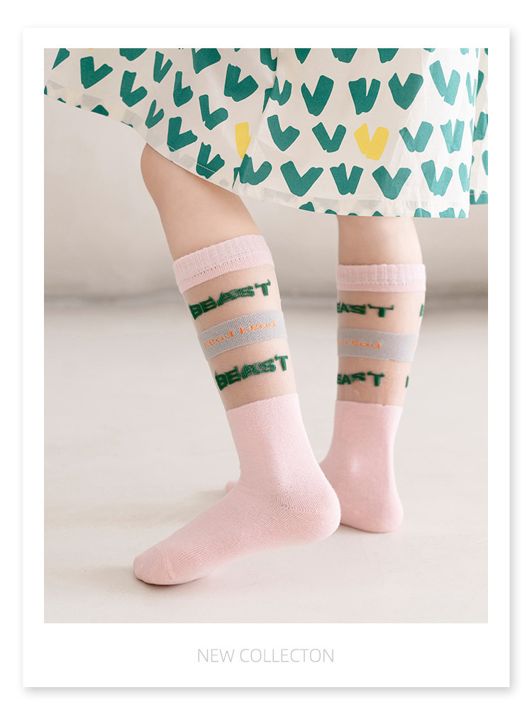 夏季女童超薄玻璃丝长筒袜韩版彩色小腿袜拼色字母条纹ins潮童袜