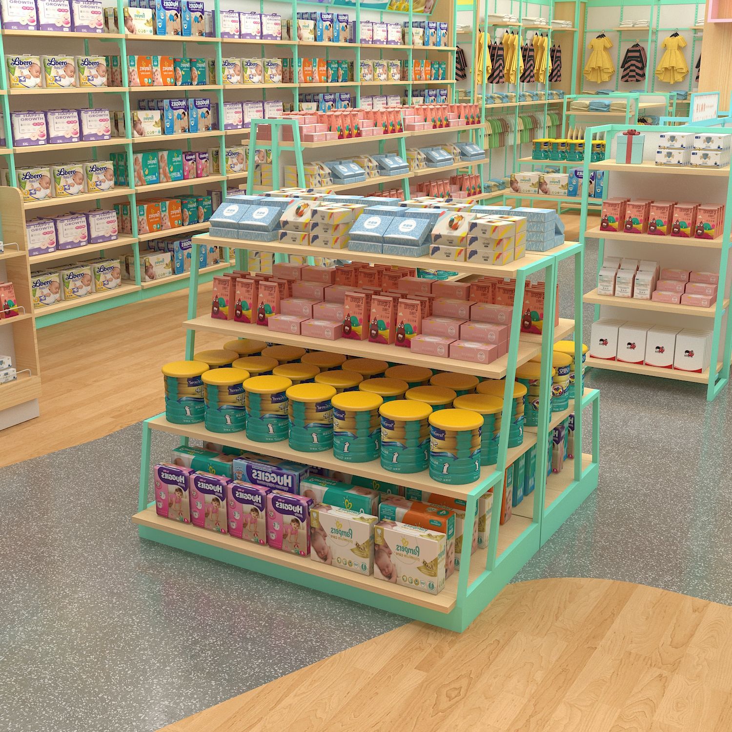 母婴店货架展示架奶粉中岛柜双面钢木纸尿片陈列组合流水促销台