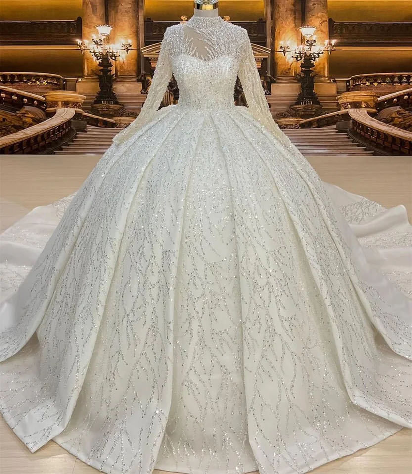 新款婚纱重工绣珠蕾丝优雅长袖蓬蓬公主裙拖尾婚纱礼服6200-阿里巴巴