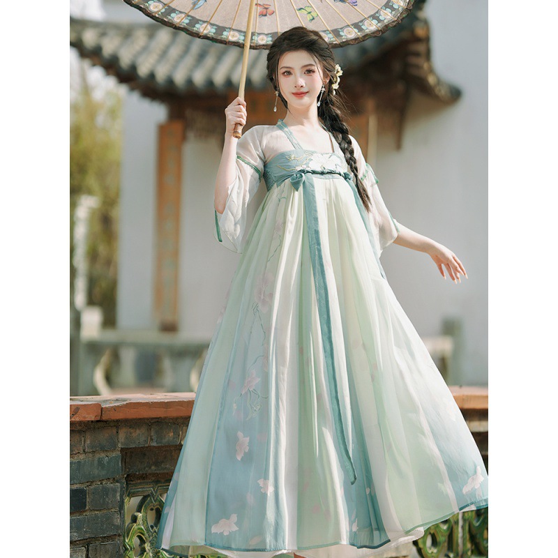 中国风新国风汉元素长裙夏季古风女重工刺绣汉服 淡雅清新裙子