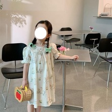 女童短袖连衣裙2023夏季新款韩版儿童可爱兔子印花泡泡袖裙子跨境