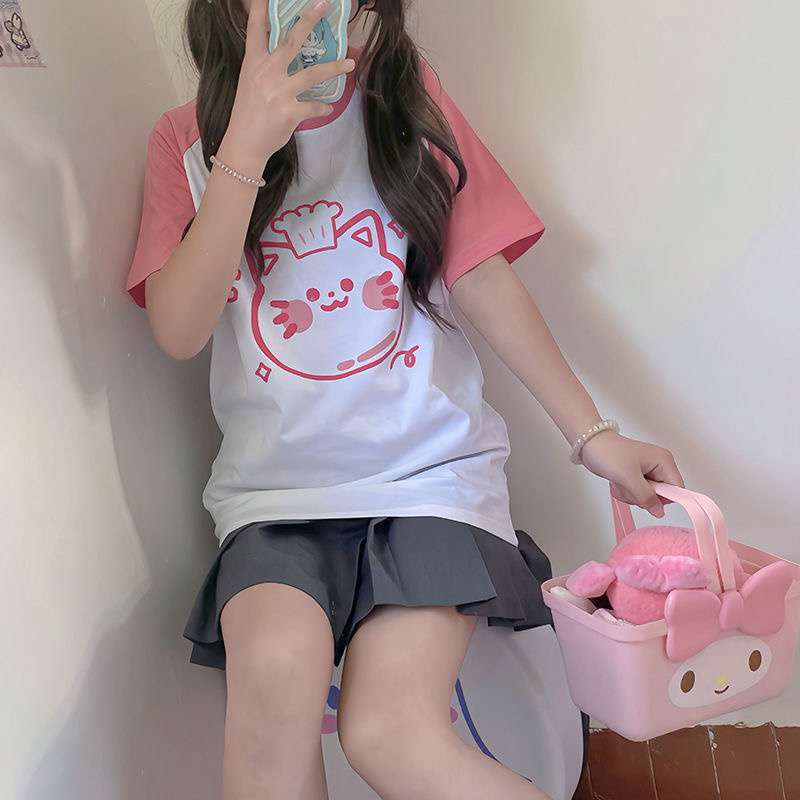 日系软妹可爱二次元小猫学生拼色圆领宽松休闲短袖t恤上衣-阿里巴巴