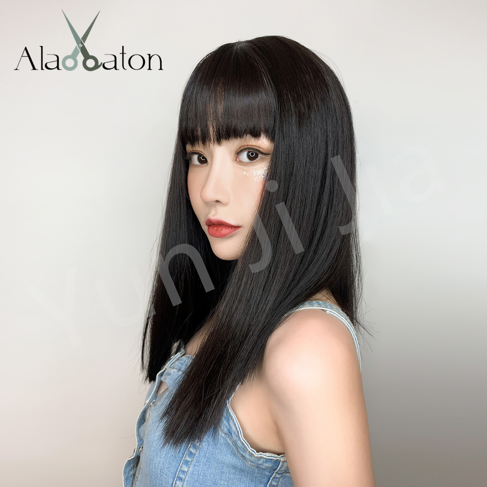 厂家女黑长直发刘海齐头套丝工厂化纤哑光高温假发欧美灰批发染色跨境