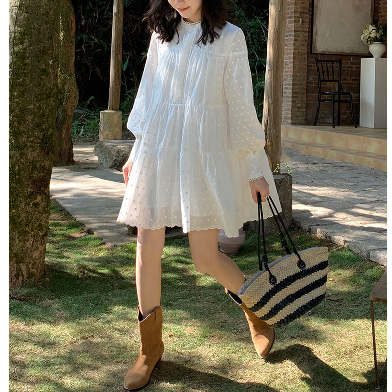 Women's French-Style White Dress for 13 Lines 2023 Spring New Small Stand Collar Embroidery A- line Dress First Love Skirt