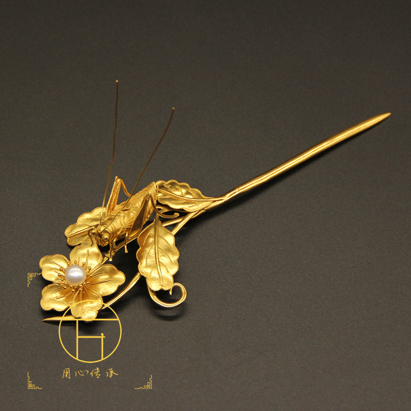 万宝德仿生蝈蝈 蟋蟀发簪 汉服首饰 发簪头饰 点翠首饰宫廷金银器