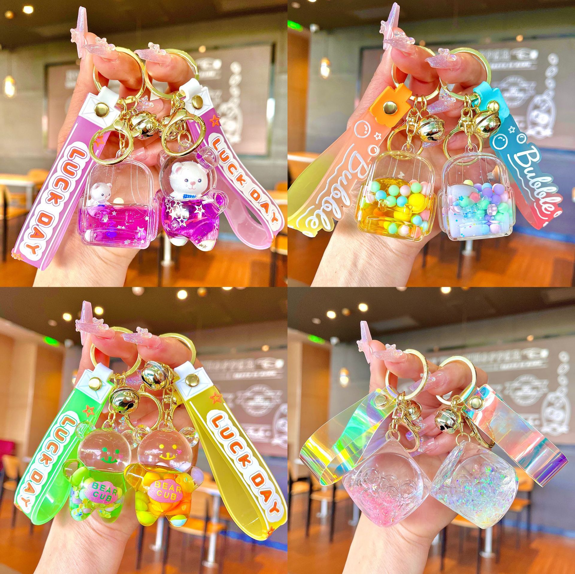 2023 New Arrival Oil Luminous Drift Bottle Keychain Color Bean Schoolbag Floating Quicksand Bottle Wholesale Female Cute Hang Decorations