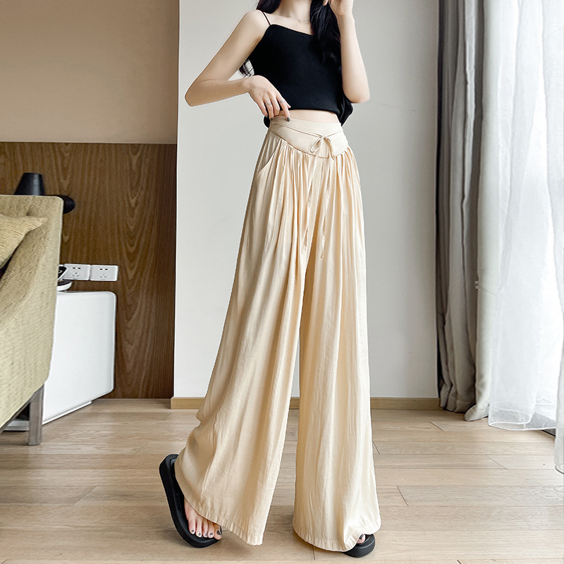 Ice Silk Wide-Leg Pants Women's Pants Summer Thin Loose and Idle Walking Casual Pants Straight Draping Effect Pleated Pantskirt