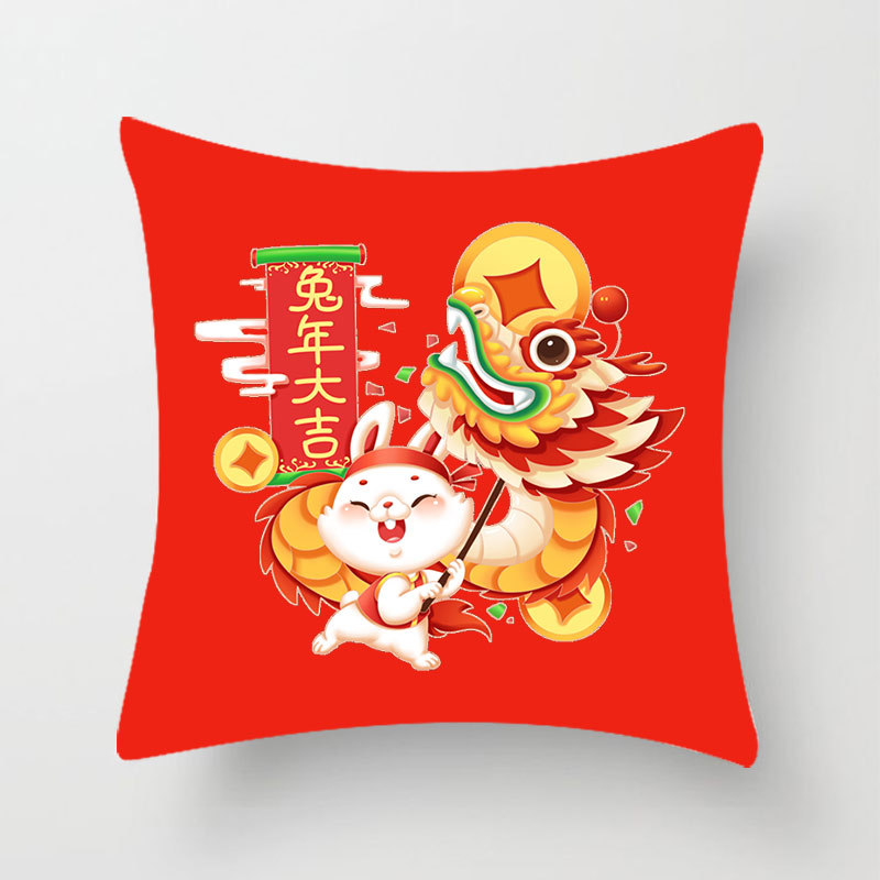 2023 Festive Spring Festival Cartoon Cute Rabbit Printed Pillowcase Home Bedroom Bed Throw Pillowcase Short Plush Pillow