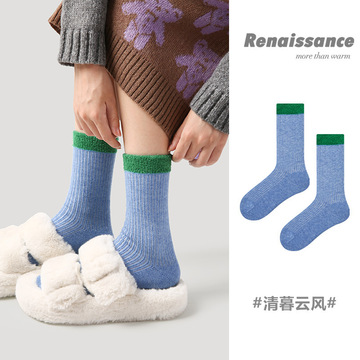 1双-文艺复兴冬季毛圈袜毛绒袜口加厚毛巾底中筒袜休闲保暖袜子女
