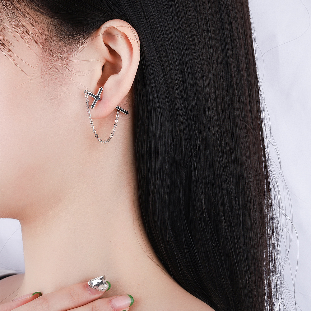 耳钉黑色十字架耳钉滴胶耳环潮男女士耳饰品批发