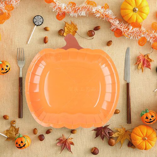 跨境新品halloween万圣节粉色笑脸南瓜9寸异纸盘现货生日蛋糕盘