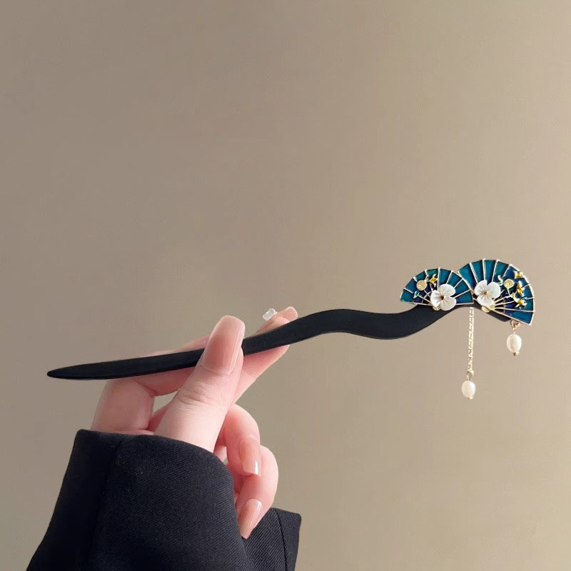 双扇子流苏发簪白贝花朵珍珠檀木国风复古茶服旗袍国潮头饰簪子女