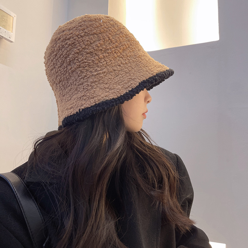 Autumn and Winter Korean Style Japanese Style Color Matching Bucket Hat All-Match Lambswool Knitted Fisherman Hat Plain Face Slimming Warm Bucket Hat