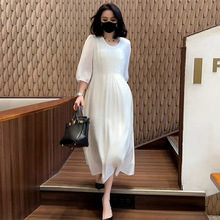 2024夏季新款高级感白色连衣裙女宽松显瘦温柔减龄七分袖气质裙子