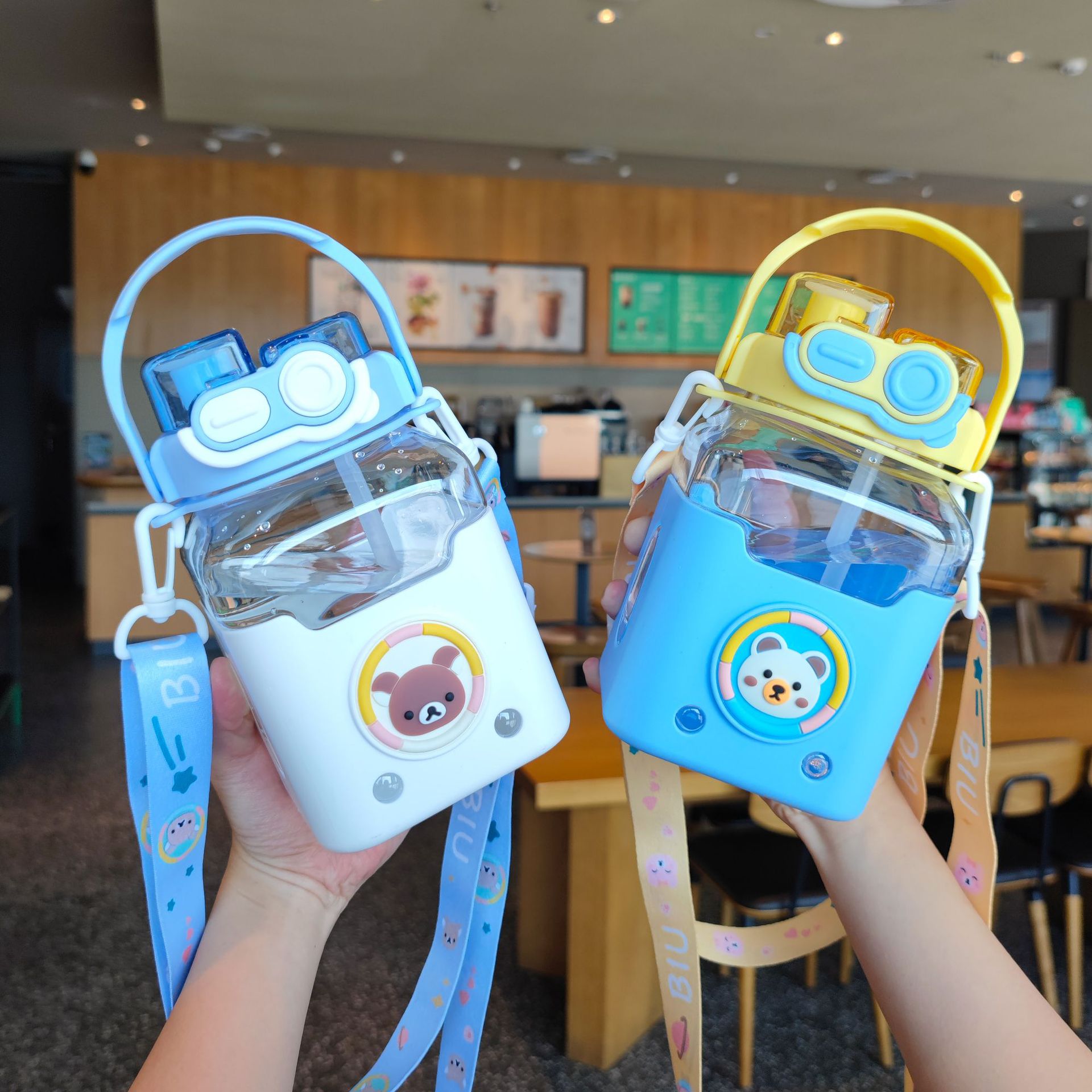 2023 New Square Sugar Cute Double Drinking Cup Outdoor Travel Straw Plastic Strap Children Student Adult Crossbody