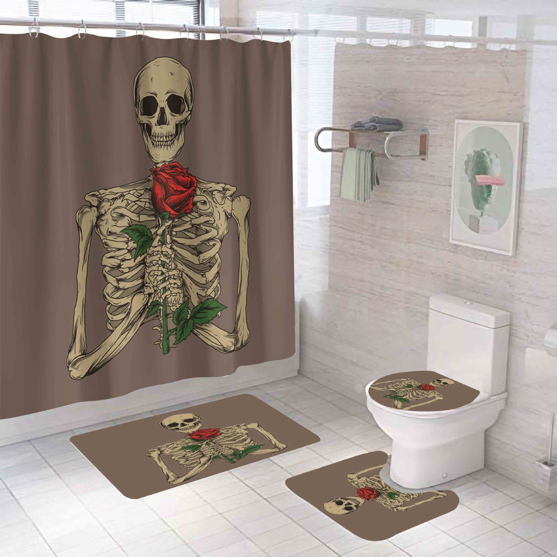 New Hot Halloween Skull Series Mildew-Proof Waterproof Polyester Bathroom Shower Curtain Four-Piece Factory Direct Sales