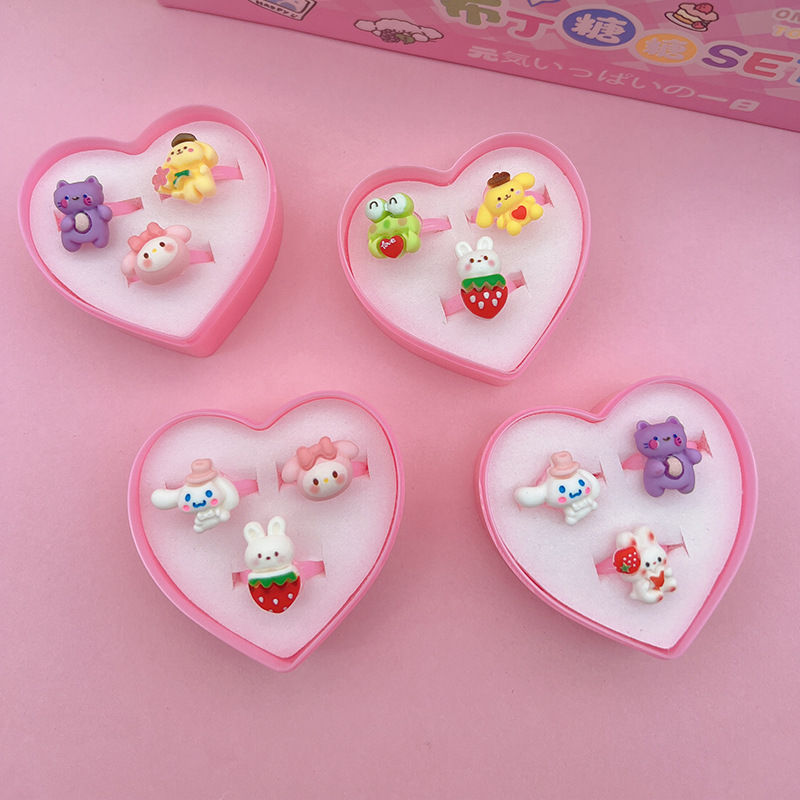 Children's Ring Set Plastic Girl's Exquisite Ring Adjustable Love Box Set 3 Pieces Love Box Ring