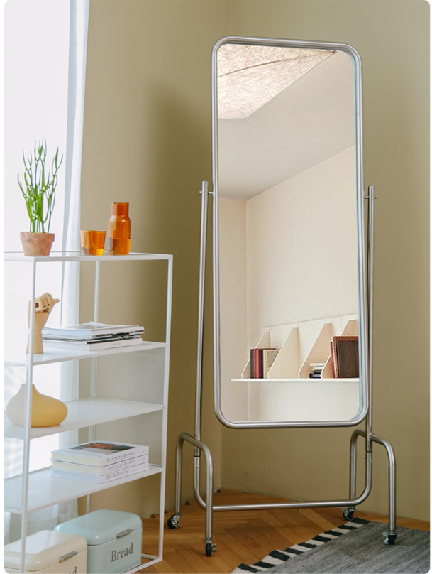 北欧设计师可移动全身镜立式时髦穿衣镜不锈钢落地镜轻奢试衣镜子