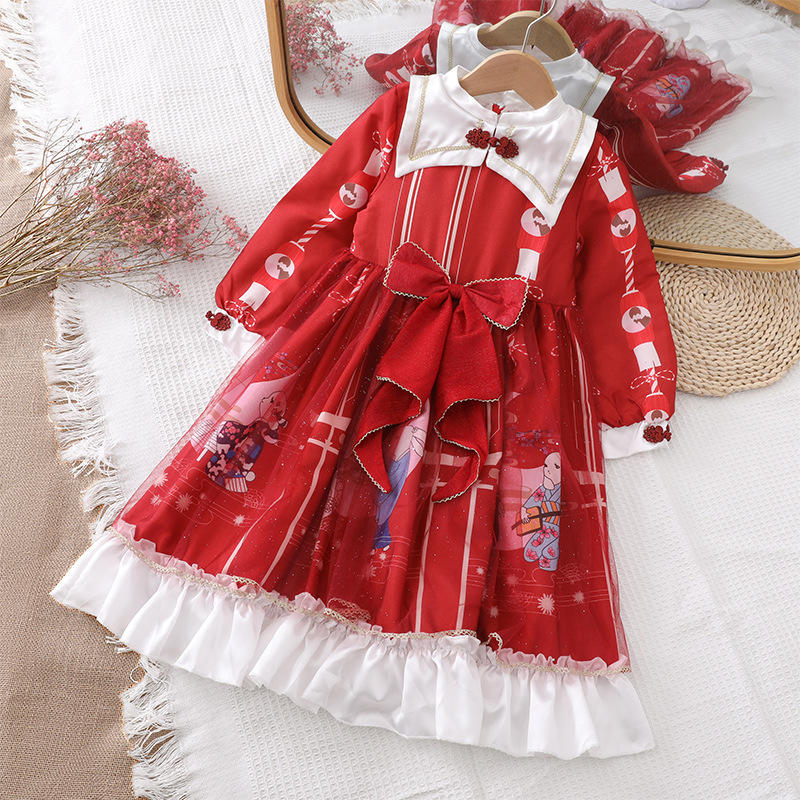 2022春季新款中国风汉服女童洛丽塔公主裙可爱兔长袖网纱连衣裙