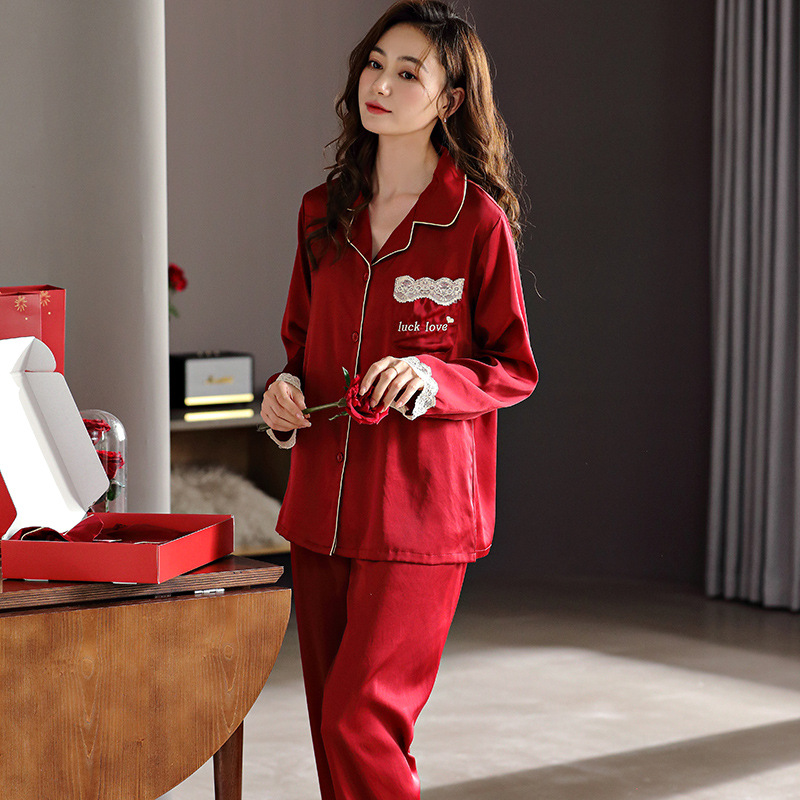 Pajamas for Women Spring and Summer Ice Silk Silk Red Spring and Autumn Wedding Bride Women's Cardigan Homewear Autumn and Winter