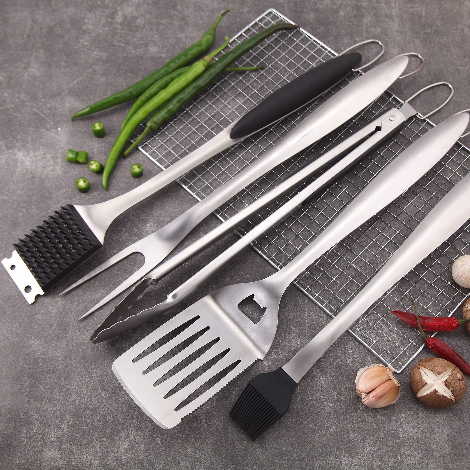 bbq烤具一体烧烤工具套装四件套不锈钢叉铲夹扫烧烤具跨境电商