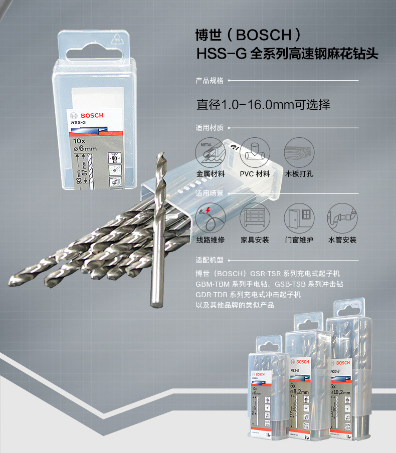博世1mm-13mm麻花钻头冲击不锈钢钻头全磨电钻高速钢铁钻头hss-g