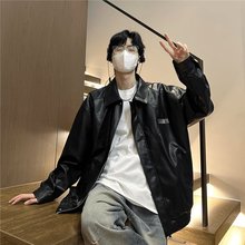 男林社长秋装新款宽松贴标设计夹克衫翻领机车皮衣外套情侣皮夹克