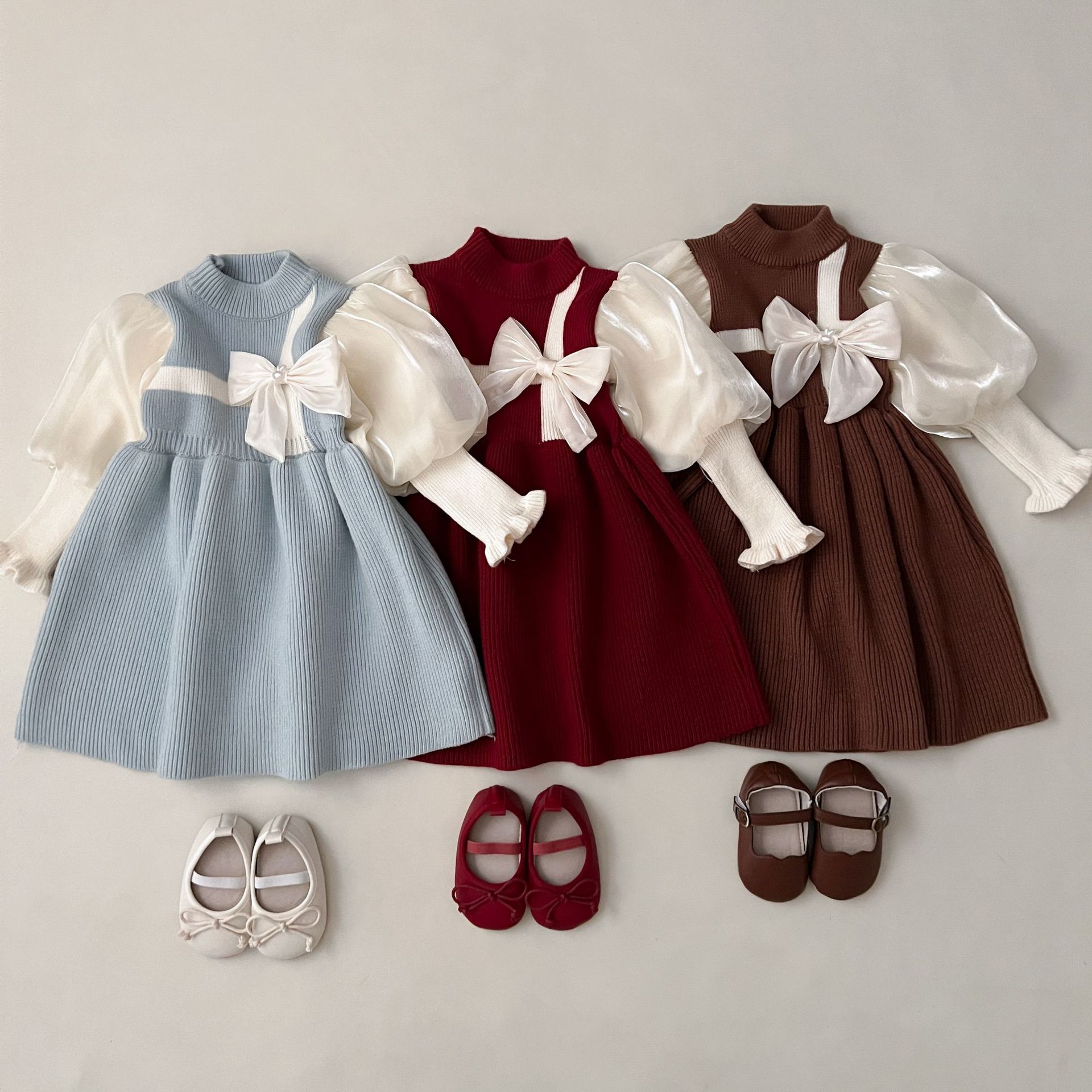 外贸童装厂2024新款女童针织连衣裙红色礼服裙女宝圣诞裙可爱甜美