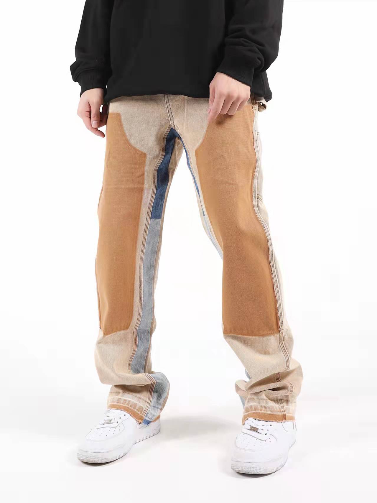 tricky trick 21aw水洗牛仔拼接破坏做旧帆布长裤直筒男女高街