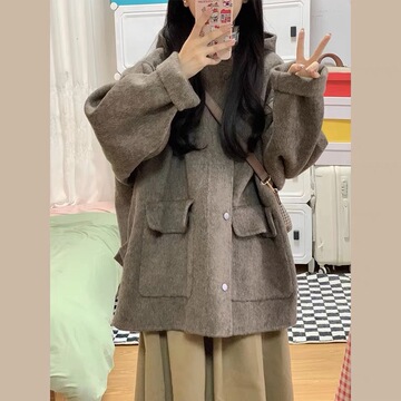 感灰咖色毛呢外套女短款秋冬新款韩版小个子宽松连帽呢子大衣