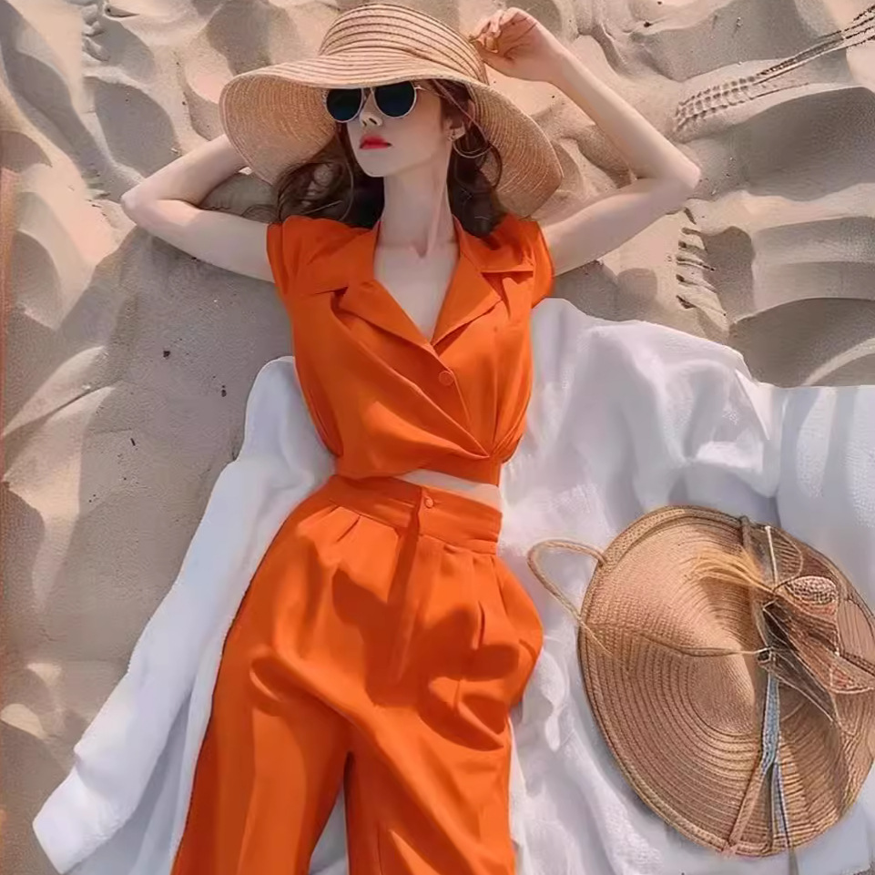 夏日多巴胺穿搭女装2024新款女人味时尚橘色衬衫套装裤轻奢高级感