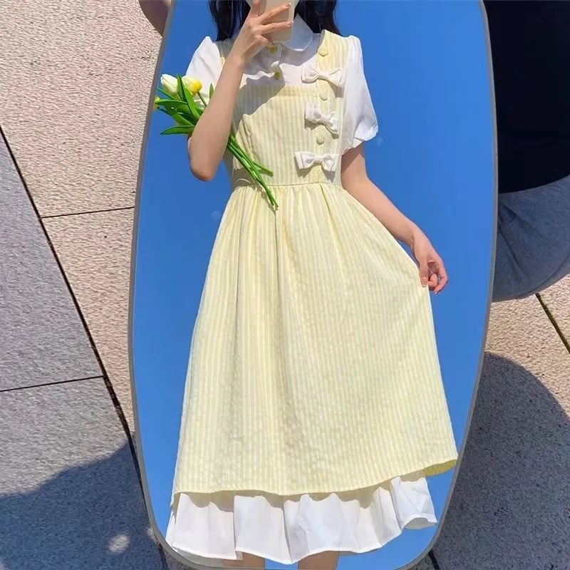 校园风学生连衣裙过膝假两件设计感蝴蝶结a字裙甜美格子显瘦长裙