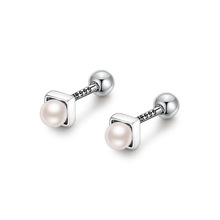 阿宝S999纯银养耳洞方形珍珠螺丝耳钉几何耳骨钉简约气质足银耳环