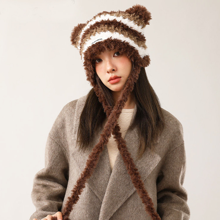 Winter Winter Warm Dopamine Color Matching Cat Ears Hat Plush Woolen Knitted Hat Can Be Used as Bag Ushanka