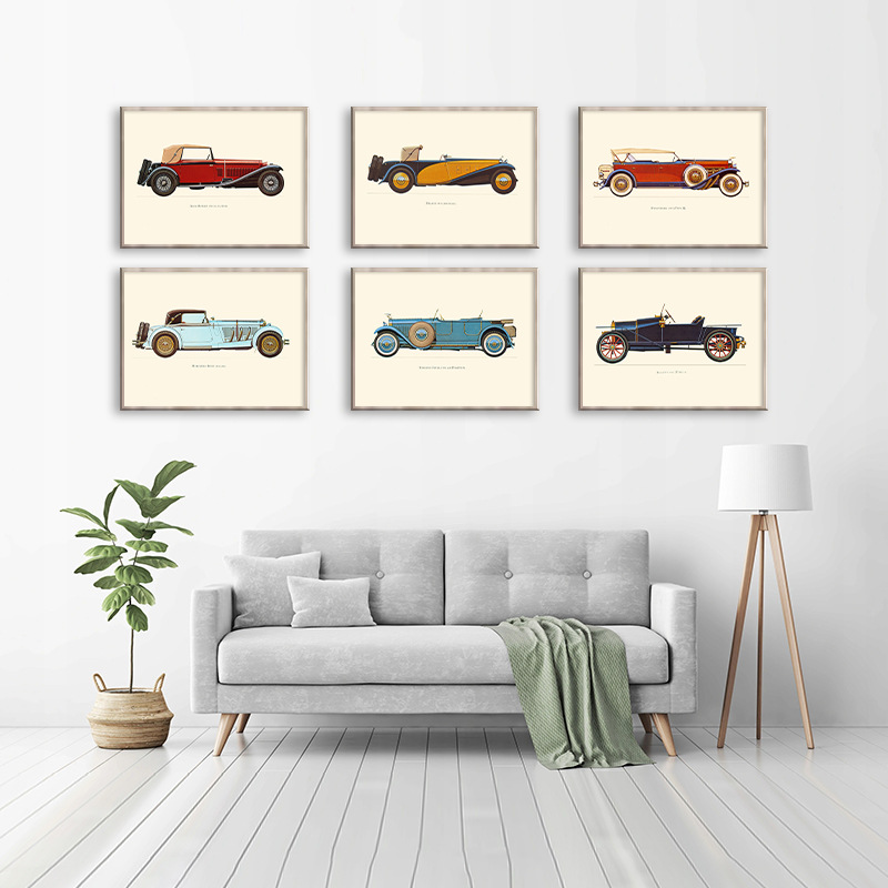 北欧ins简约复古老爷车汽车装饰画客厅儿童房卧室装饰挂画壁画芯