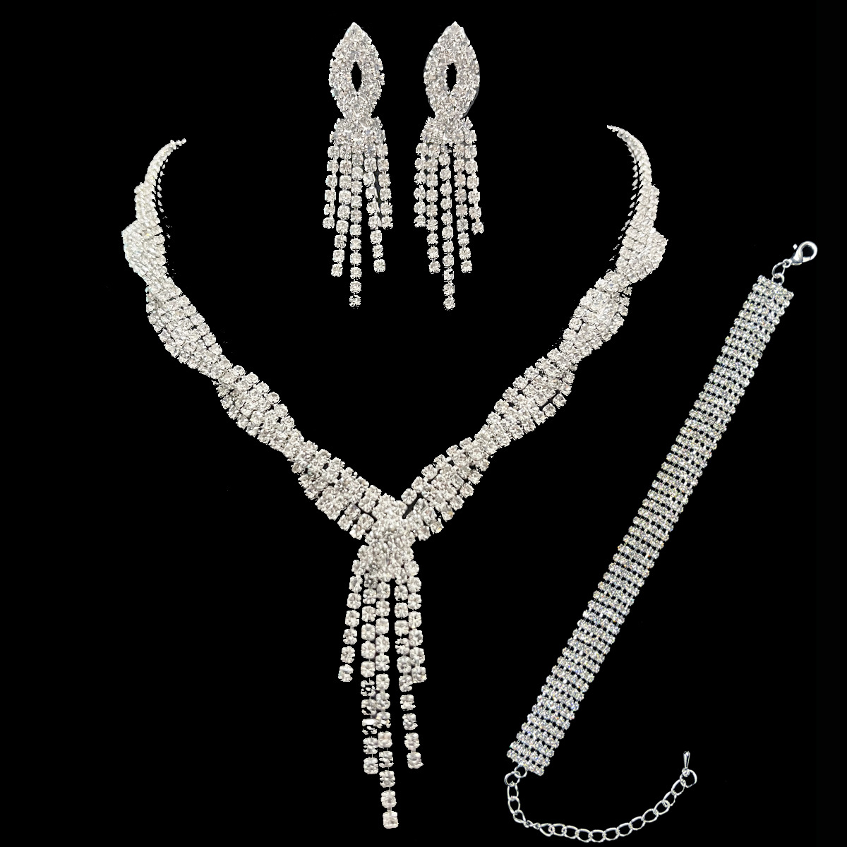 Necklace Earrings Tassel Wedding Jewelry Set Rhinestone Pendant Wedding Banquet Twist Wedding Dress Accessories 8673