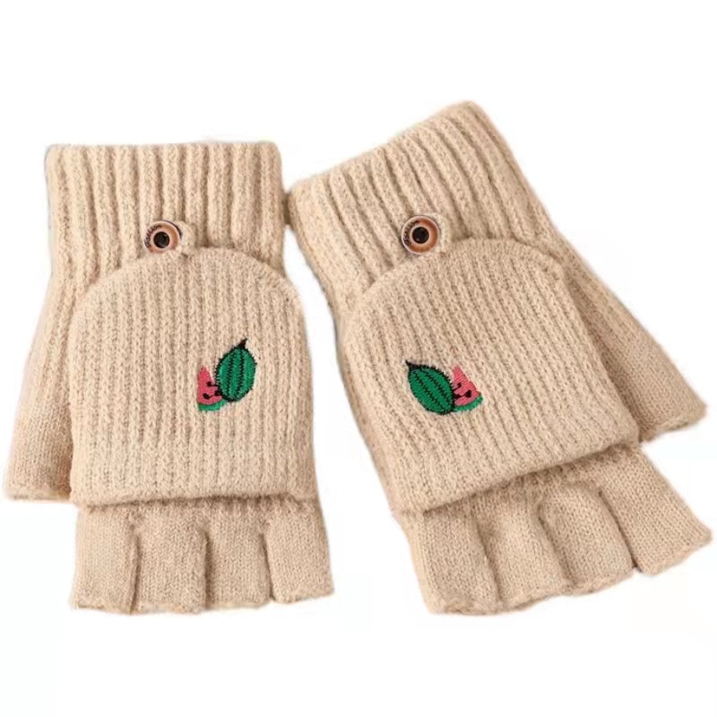 Winter Korean Style Women's Thermal Gloves Half Finger Flip Student Writing Knitted Gloves Fleece-Lined Thermal Cycling Gloves