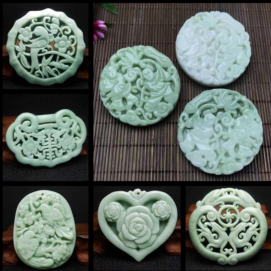 天然贵州翠玉圆牌双童子吊坠翡翠色飘花观音佛龙牌复古镂空玉挂件