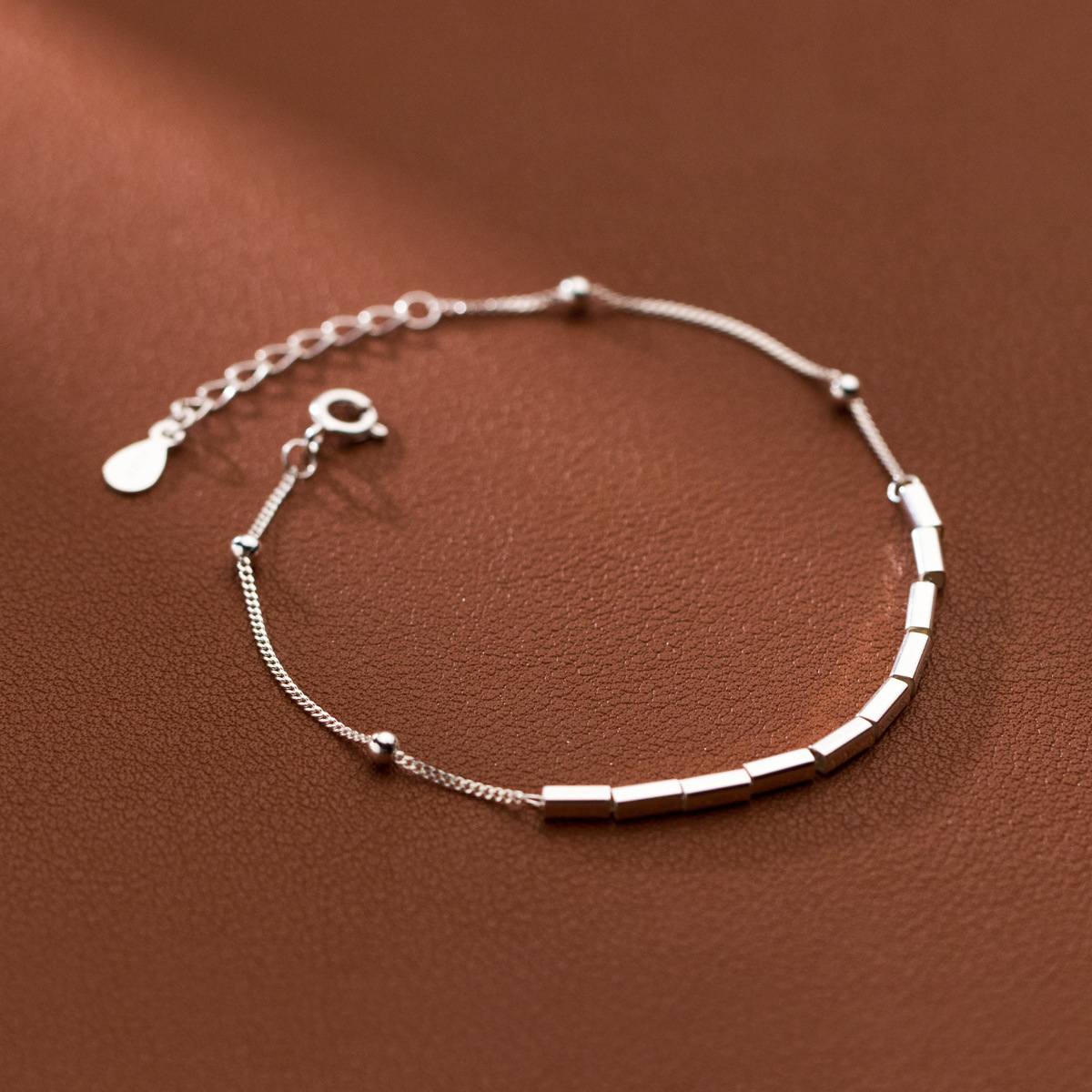 爱洛奇 s925夏季韩版i长方形隔珠银手链简约个性链条手饰品s5328