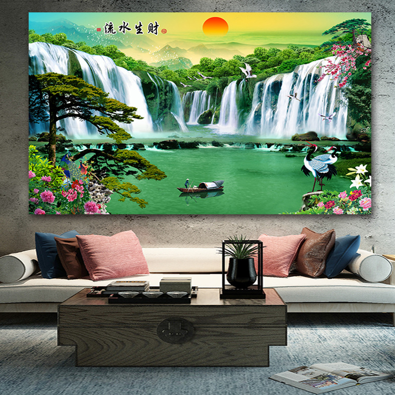 自粘山水画海报瀑布流水生财风水画客厅装饰电视背景壁画墙贴纸