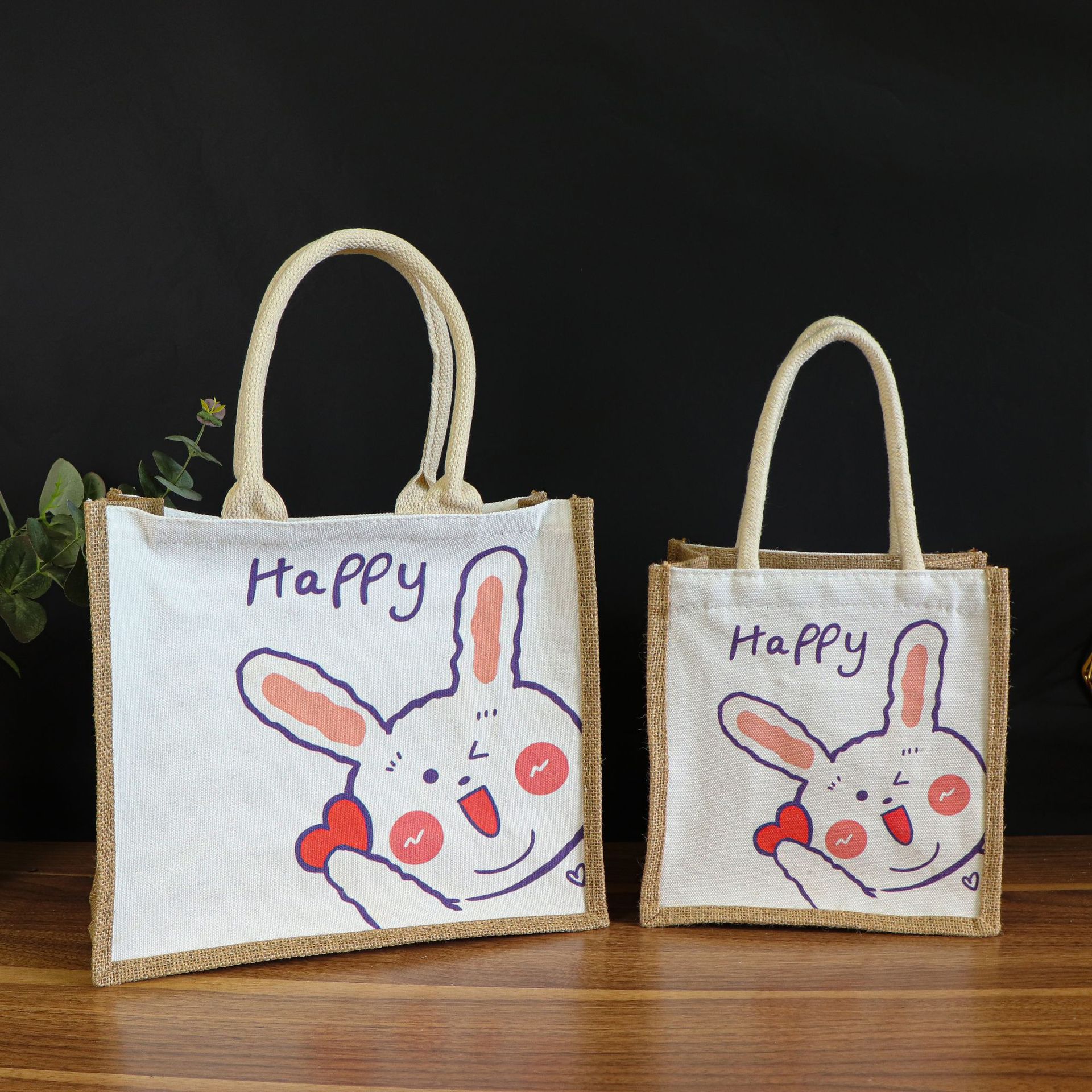 帆布袋麻布袋小白兔文艺印花清新拉链亚麻布手提袋子彩印棉布袋