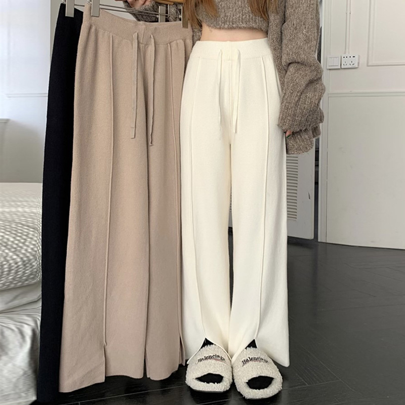 japanese and korean autumn new ladies high waist loose and slimming solid color knitted casual pants drooping straight split wide leg pants