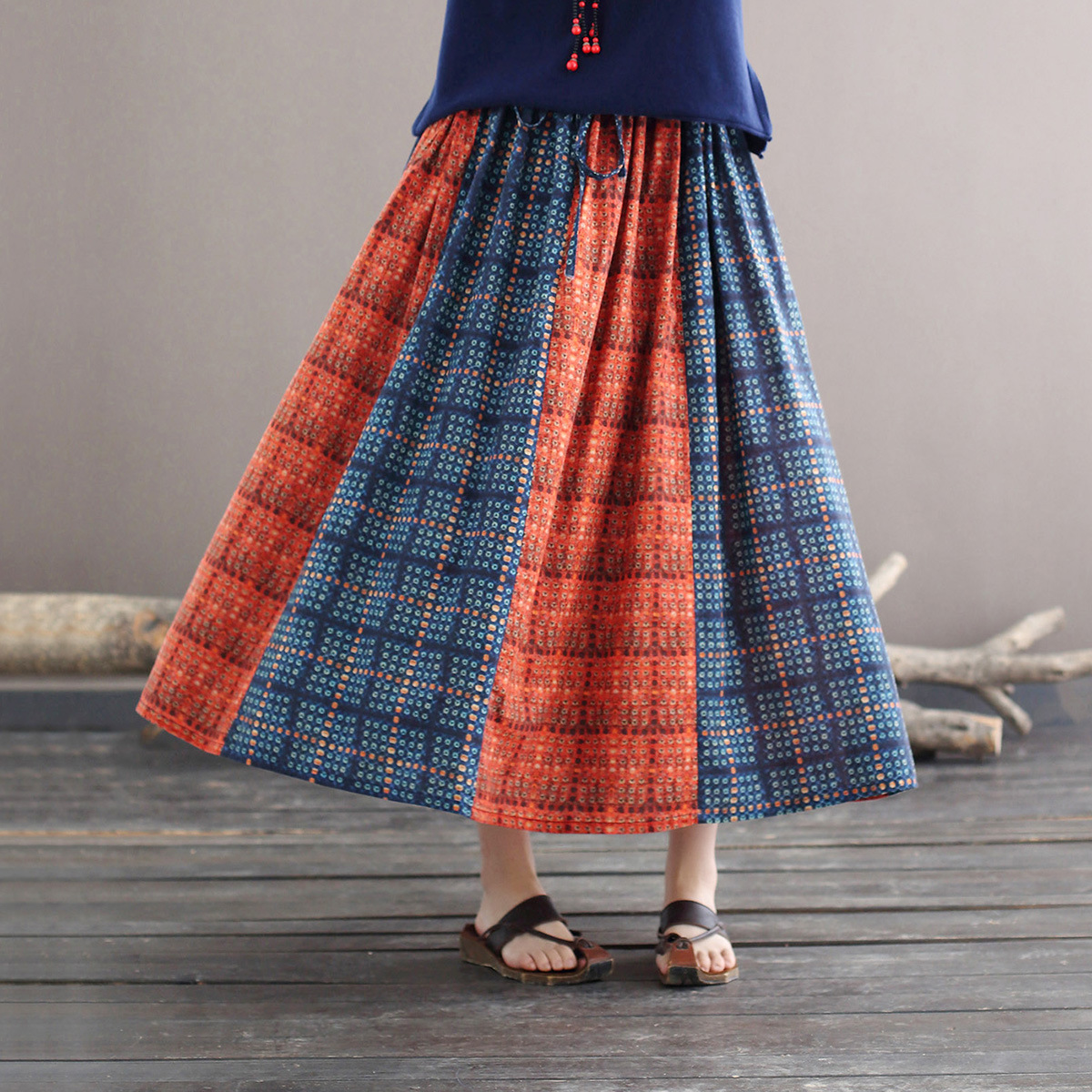 2129喜墨原创复古波西米亚风半身裙女夏季八片撞色拼接大摆a字裙