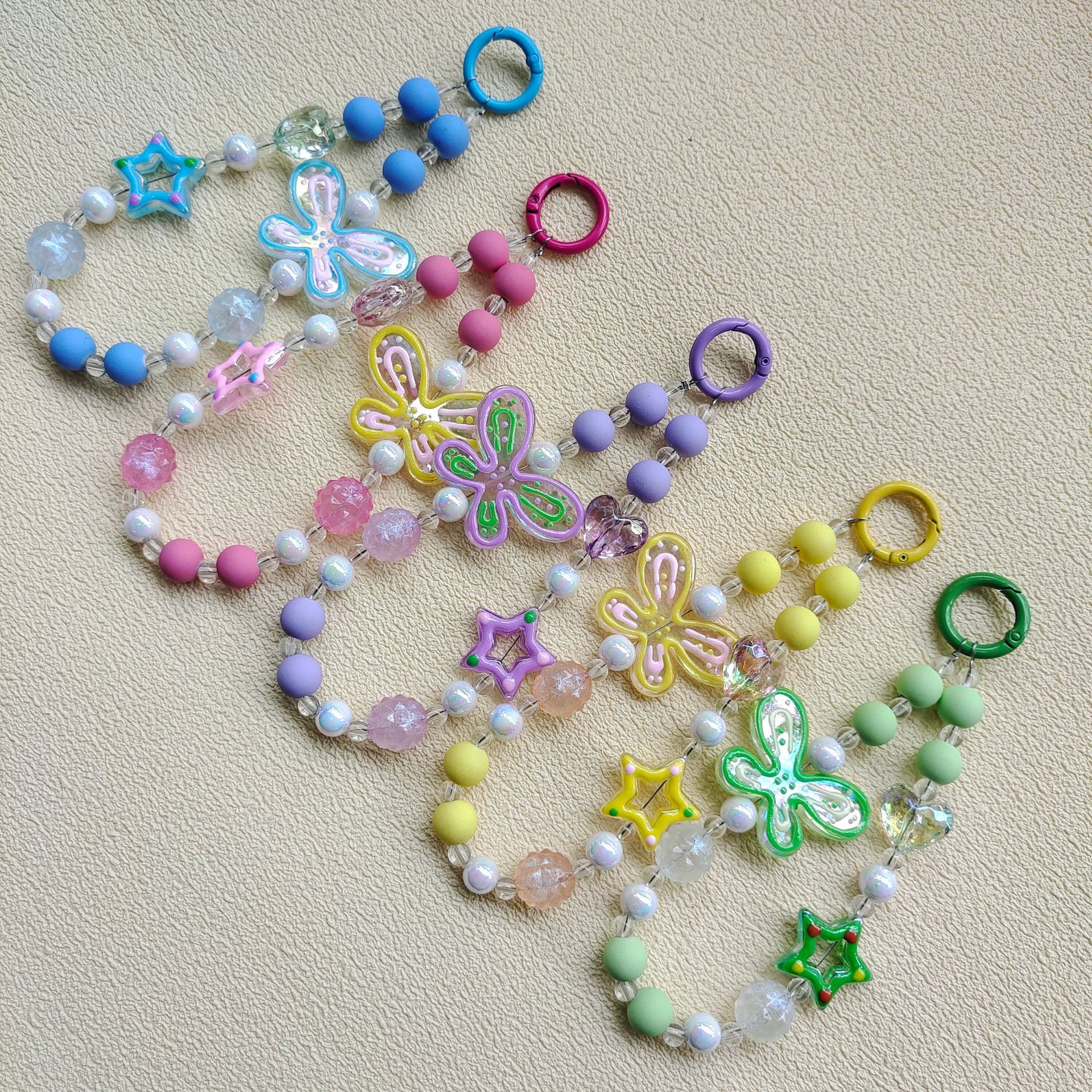 抖音直播同款糖果色蝴蝶手机链条 手绘珠串珠链钥匙扣 耳机包挂饰