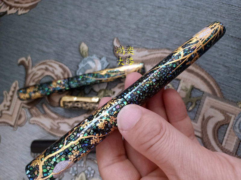 传统大漆莳绘工艺钢笔螺钿满天星荷塘映月签字笔老漆国漆收藏钢笔