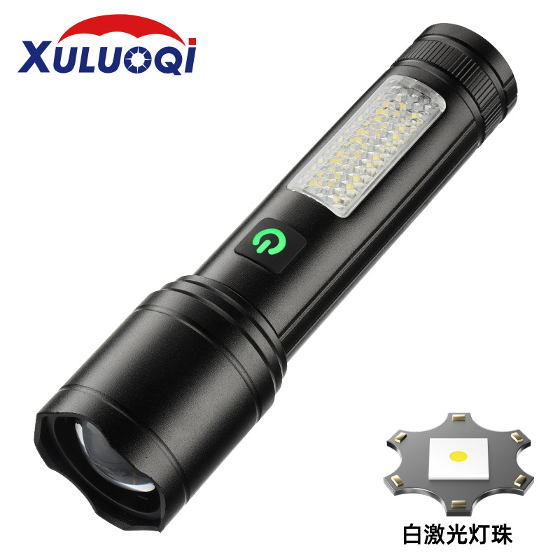 跨境新款铝合金手电筒usb充电多光源cob远射手电伸缩强光手电筒