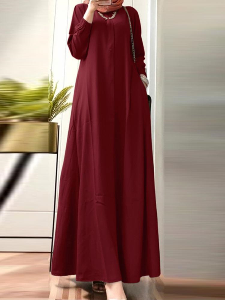 2022 Spring and Summer New Pure Color Muslim Commuter Street Fashion Pocket Puff Sleeve Swing Long Dress