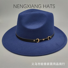 跨境专供皮带装饰毛呢帽子复古平檐礼帽爵士帽子Woolen jazz hat