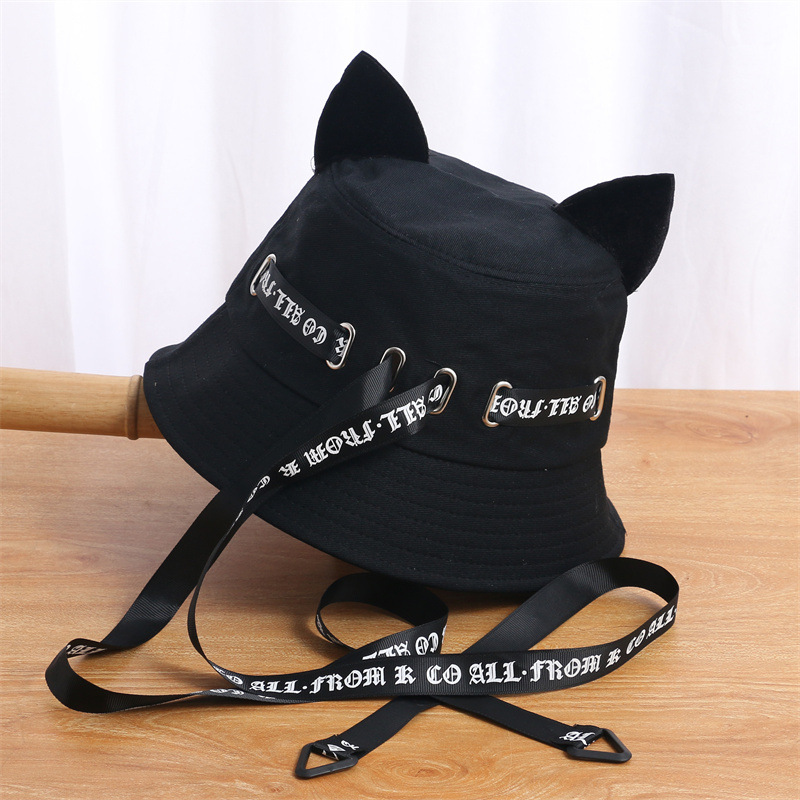 Soft Girl Cute with Cat Ears Ribbon Bucket Hat Female Spring and Autumn Students All-Match Leisure Basin Hat Sun Hat Cartoon