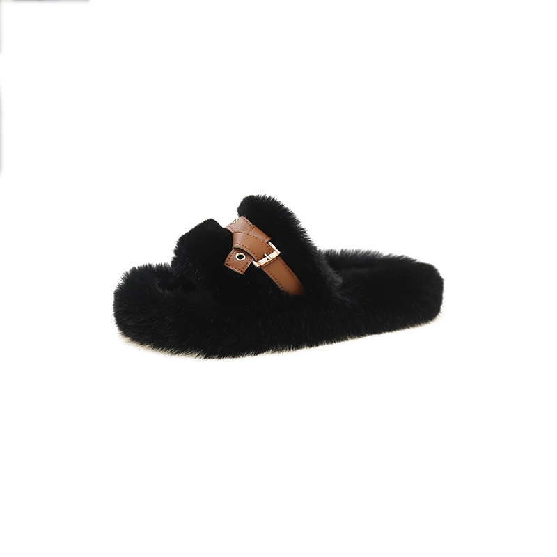 Thick Bottom Belt Buckle Fluffy Slippers Female 2023 Autumn and Winter New Korean Style Mid-Heel Outdoor Large Size Plush Slippers Female Fashion